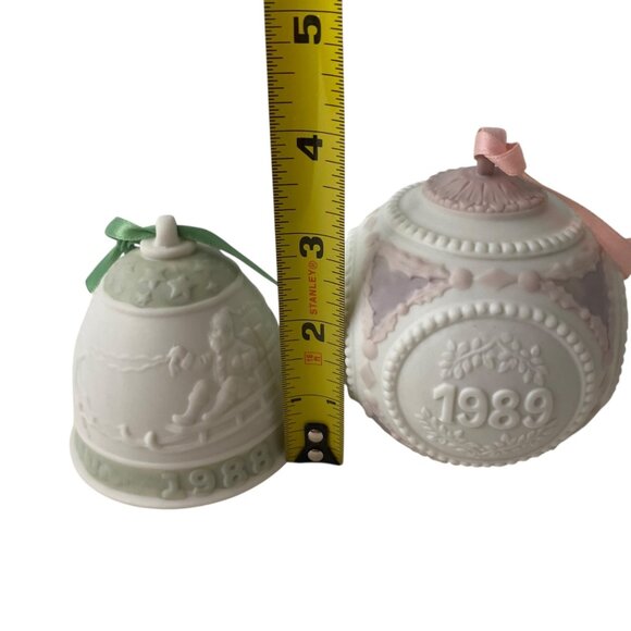 Set 2 Lladro Porcelain Christmas Ornaments 1988 Bell 1989 Sphere 3D Green Pink - Picture 11 of 13
